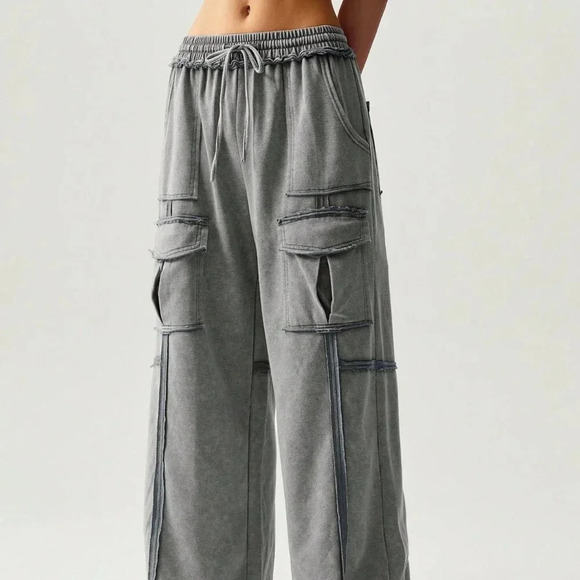 Dark Grey Casual Women's Vacation Knitted Pleated Pocket Palazzo Pants - Picture 2 of 7